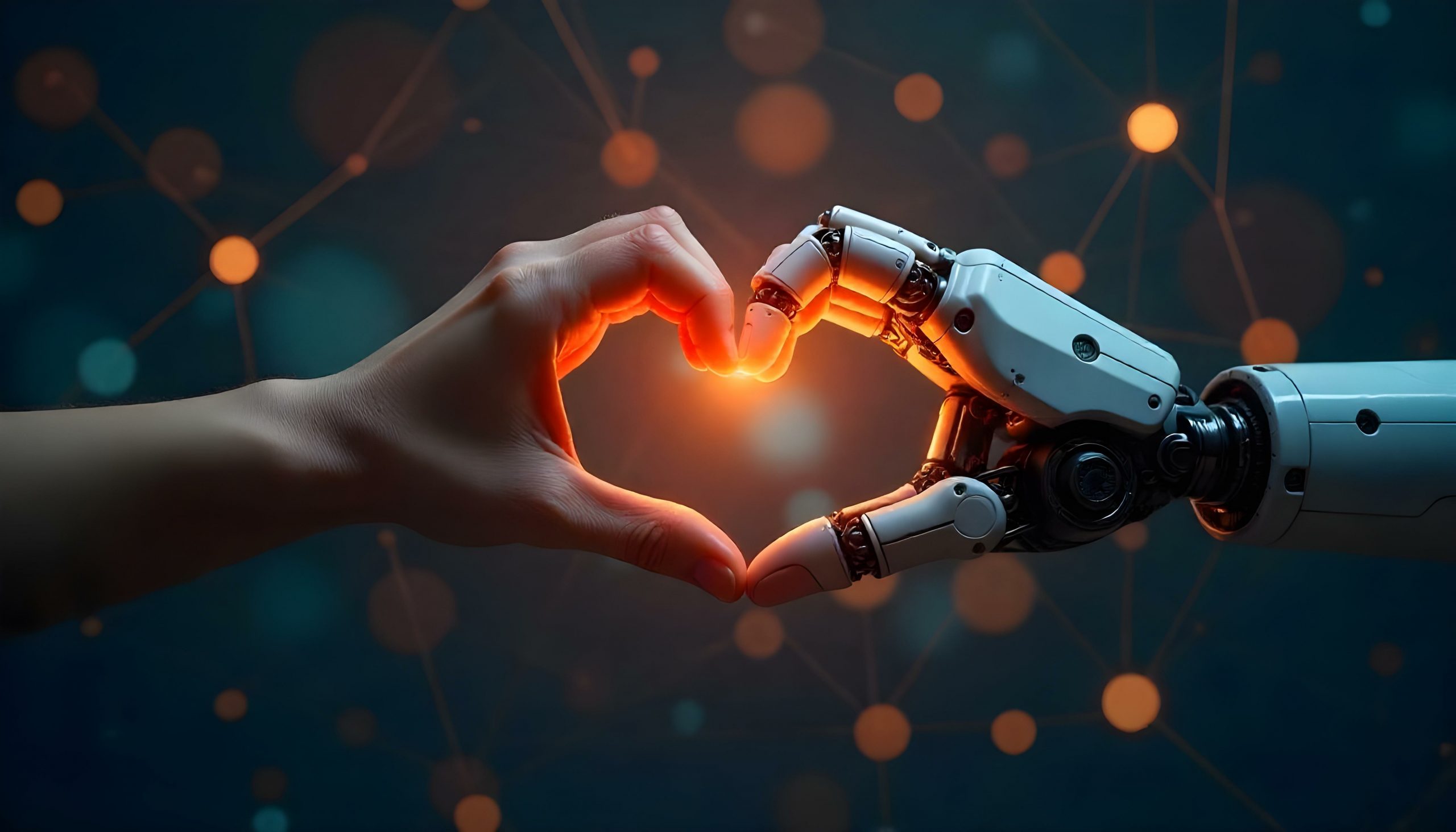 Artificial intelligence robot and human interaction, creating a heart shape with hands